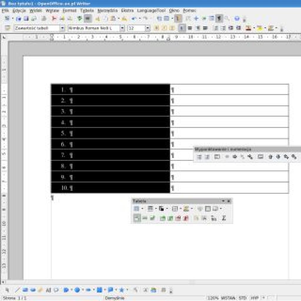 Zarządzanie numeracją w tabeli w OpenOffice Writer