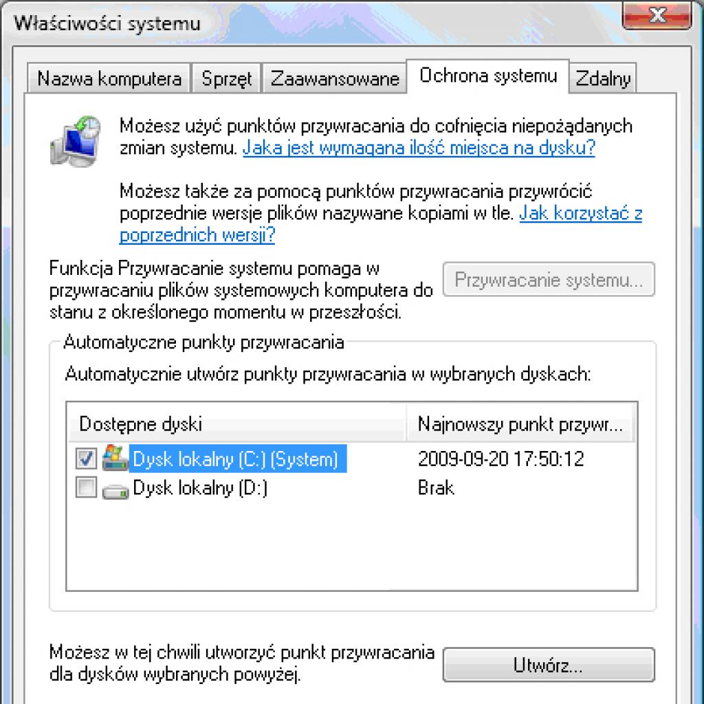 Wyłączanie przywracania systemu w Windows Vista