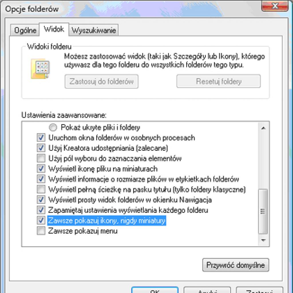 Wyłączanie wyświetlania miniaturek w Windows Vista