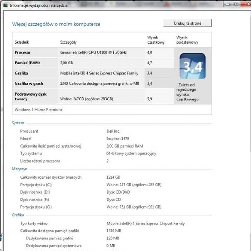 Szczegóły ocen indeksu wydajności Windows 7