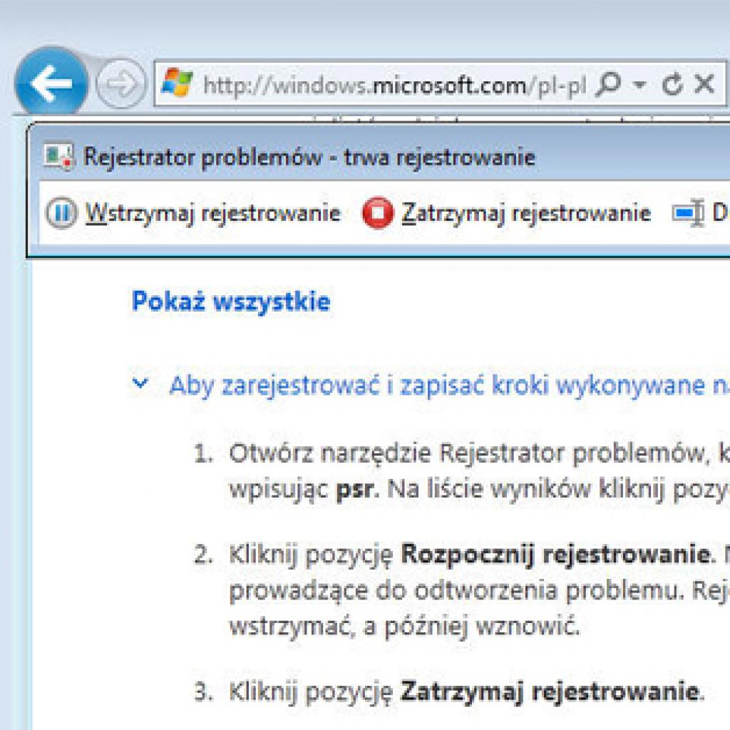 Nagrywanie objawów awarii w Windows 7