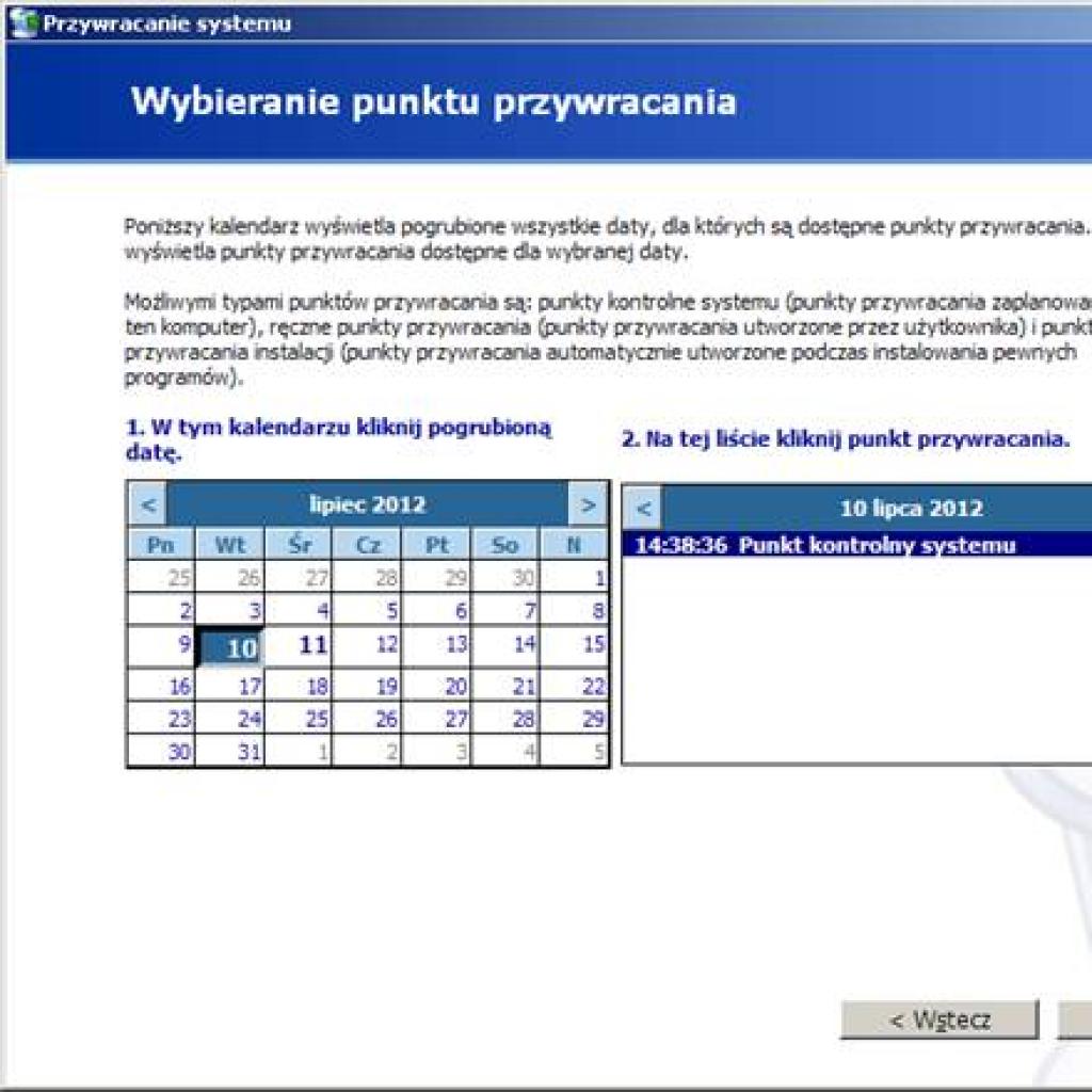 Przywracanie systemu z wykorzystaniem punktu przywracania