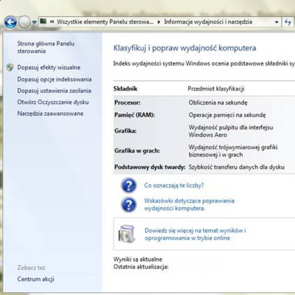 Ocena mocy komputera przy pomocy indeksu wydajności w Windows 7 