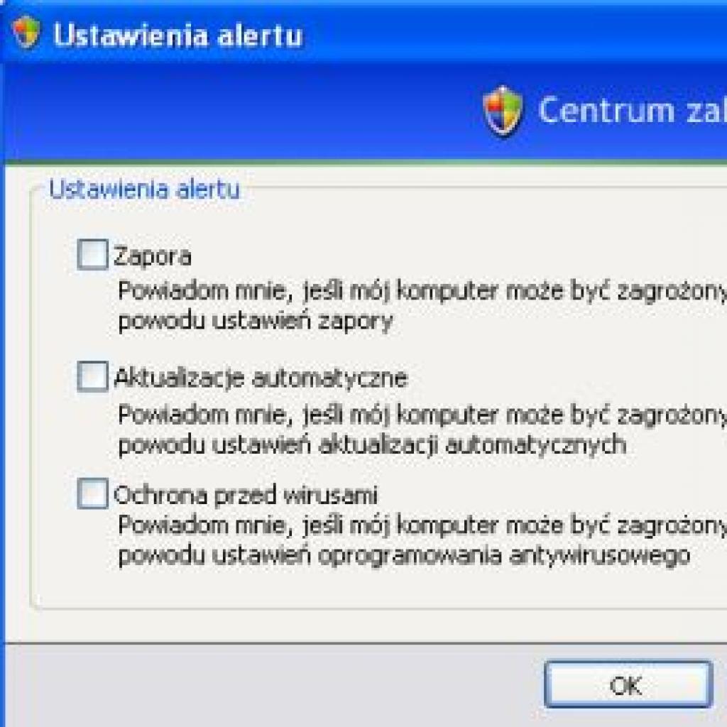 Wyłączanie komunikatów Centrum zabezpieczeń