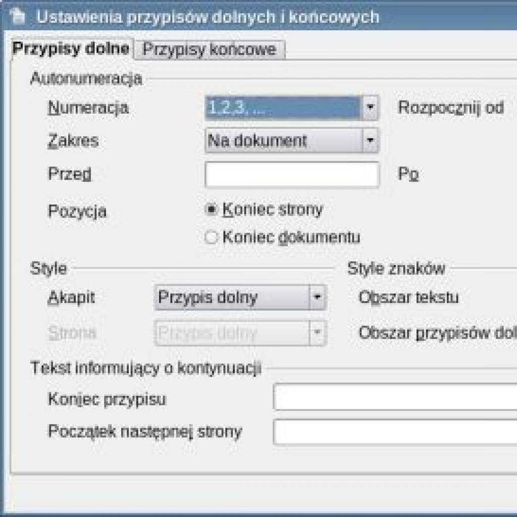 Konfiguracja przypisów dolnych w OpenOffice Writer