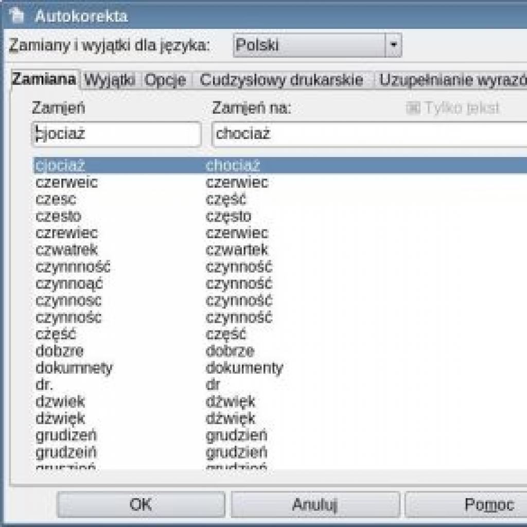 Autokorekta w OpenOffice Writer