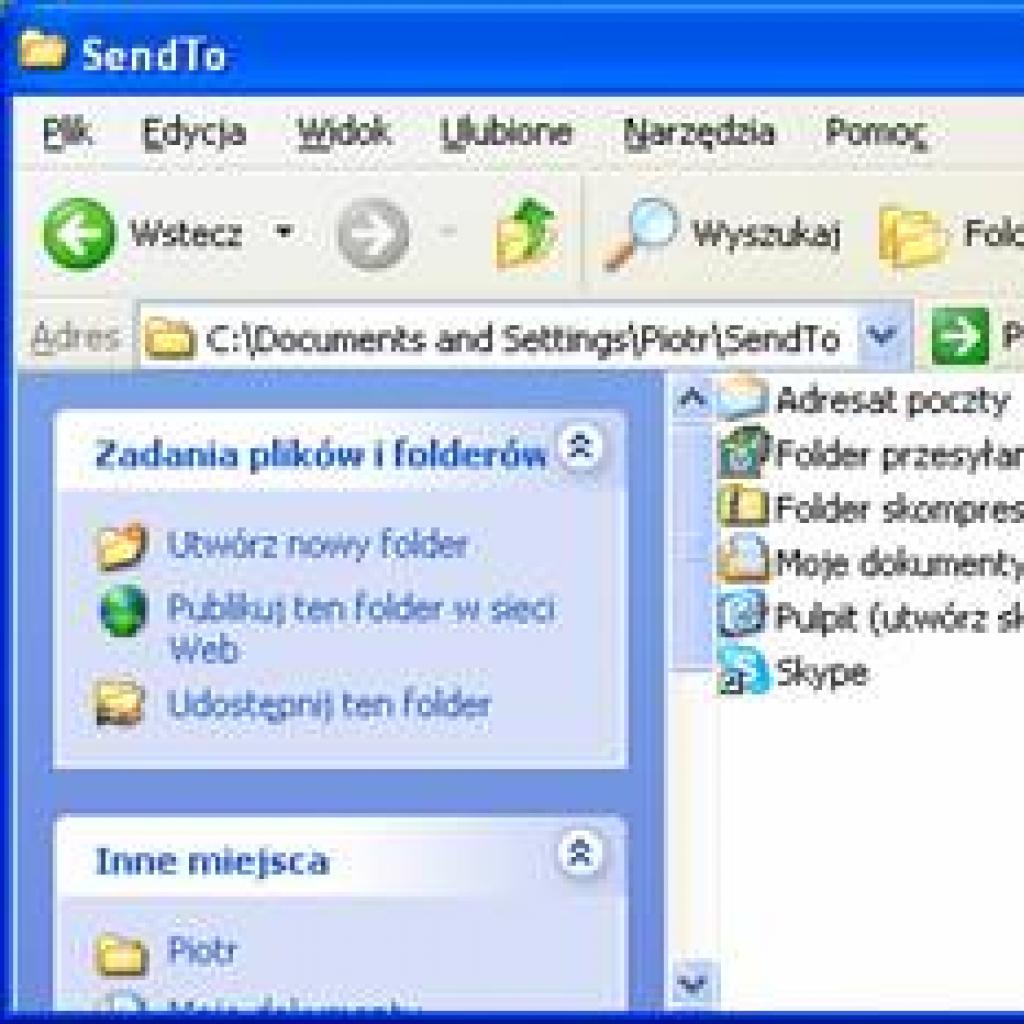 Dopasowanie zawartości menu podręcznego Wyślij do w Windows XP