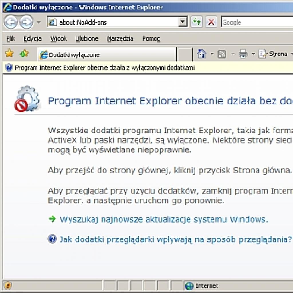 Uruchamianie przeglądarki IE7 w trybie bez dodatków