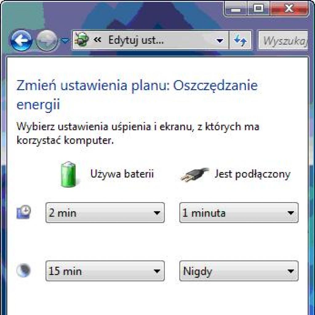 Ustawienia w Viście wydłużające czas pracy notebooka na bateriach