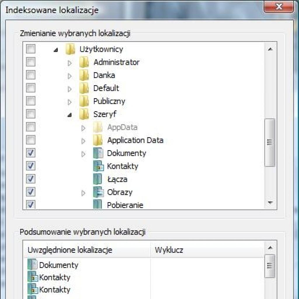 Ograniczanie zakresu indeksowanych danych w Windows Vista