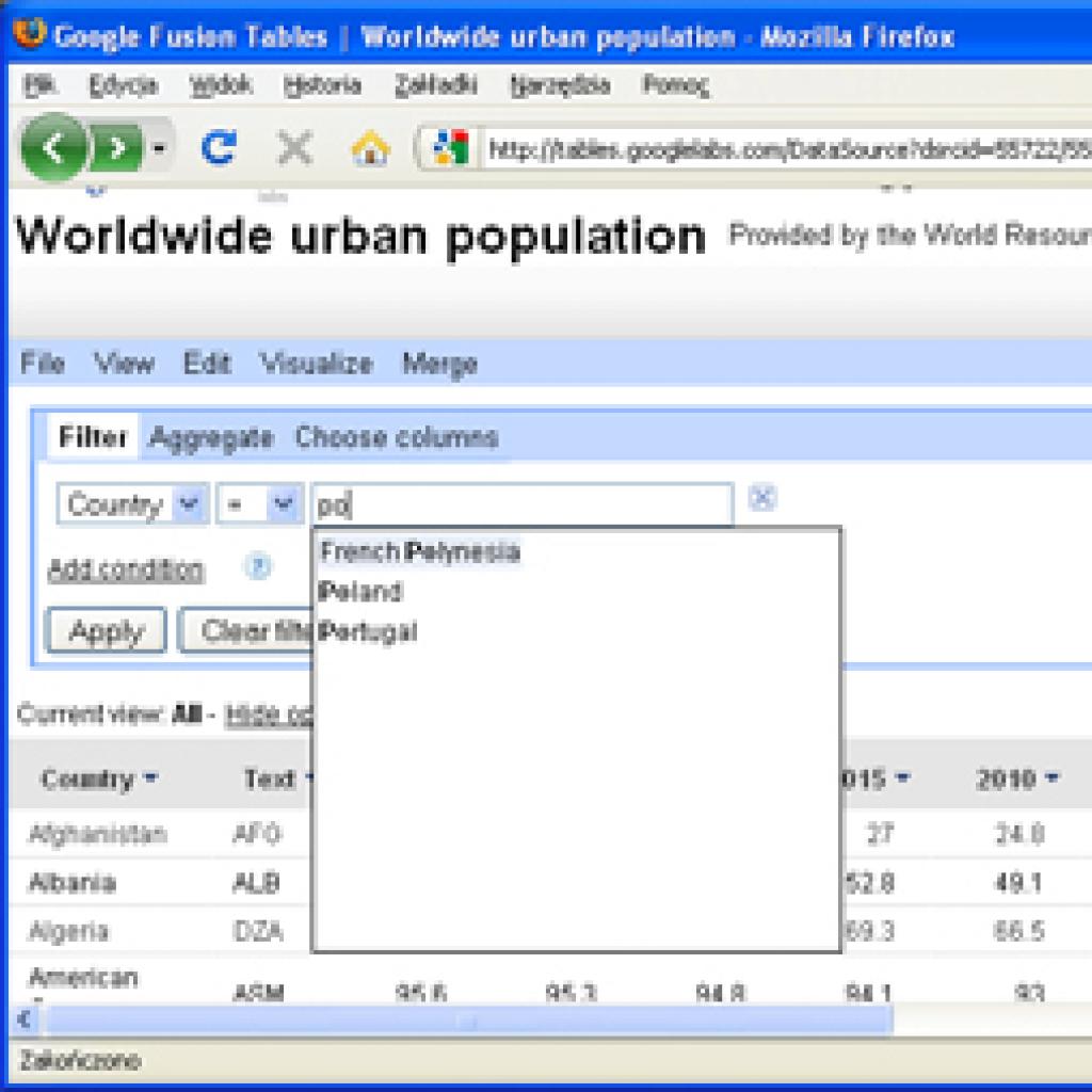 Google Fusion Tables: zarządzanie tabelami