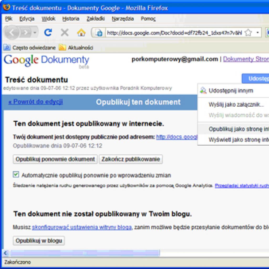 Dokumenty Google: upublicznianie plików
