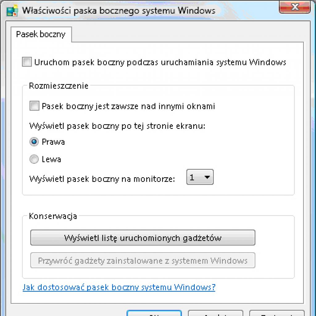 Wyłączanie paska bocznego w Windows Vista