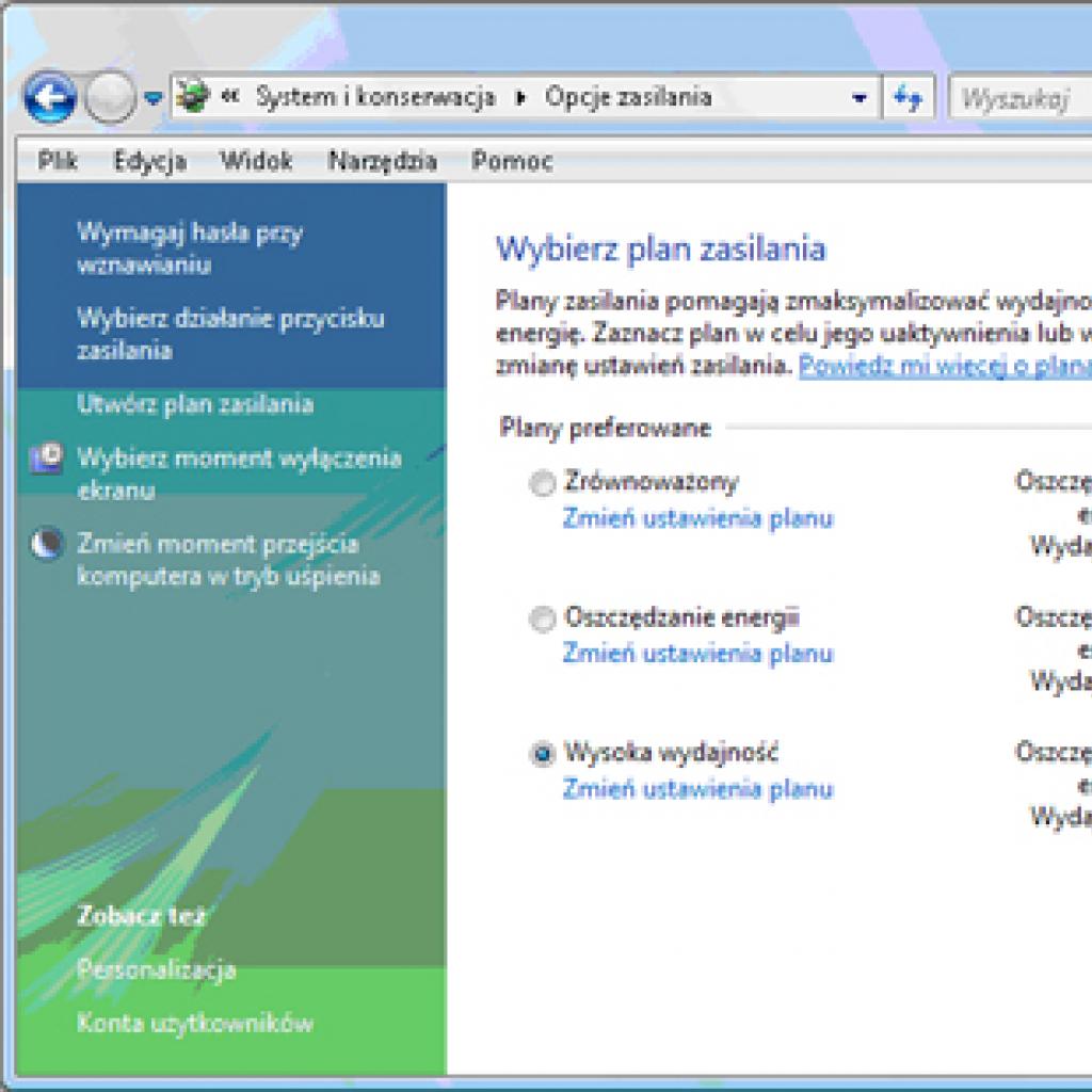 Zmiana planu zasilania w Windows Vista