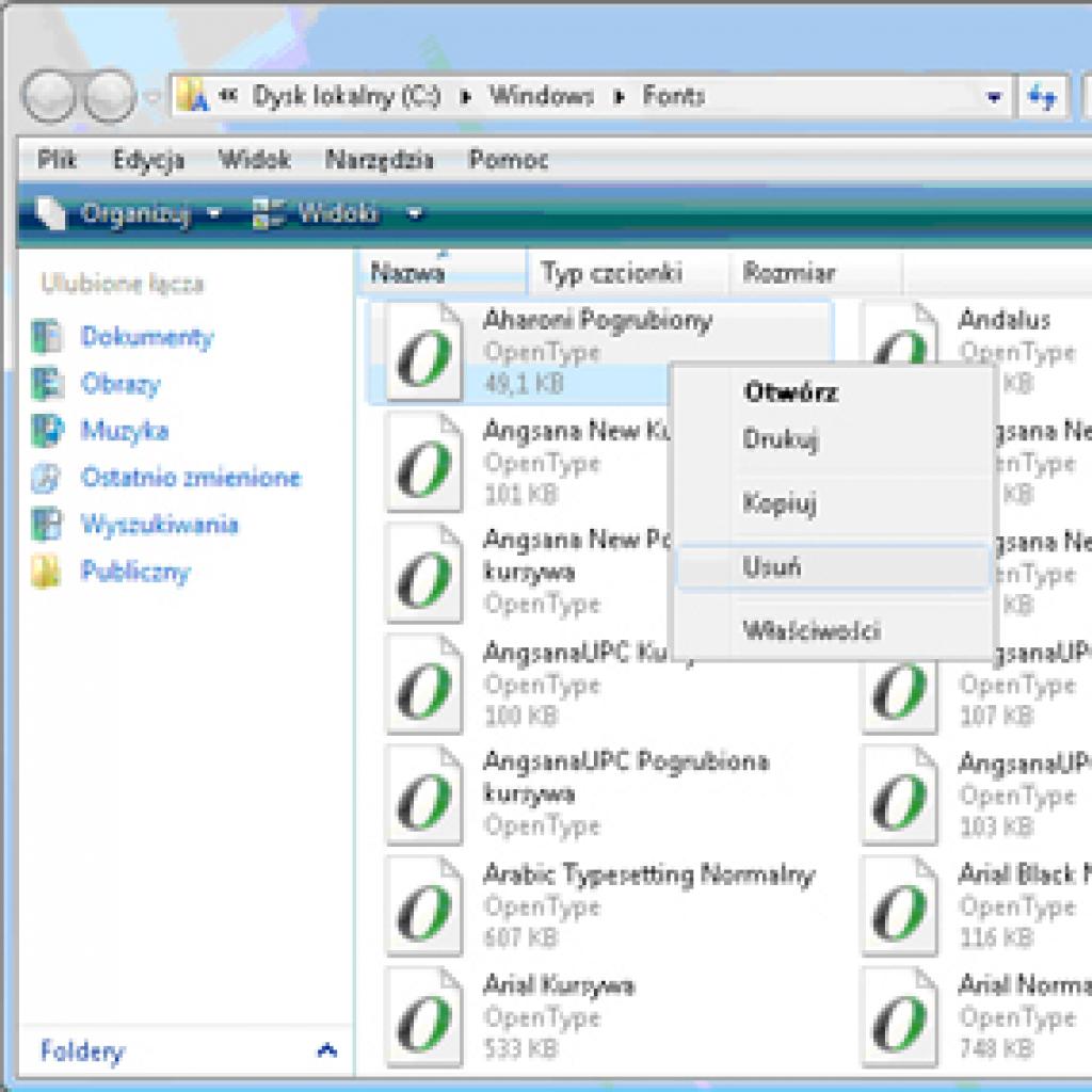Usuwanie niepotrzebnych czcionek w Windows Vista