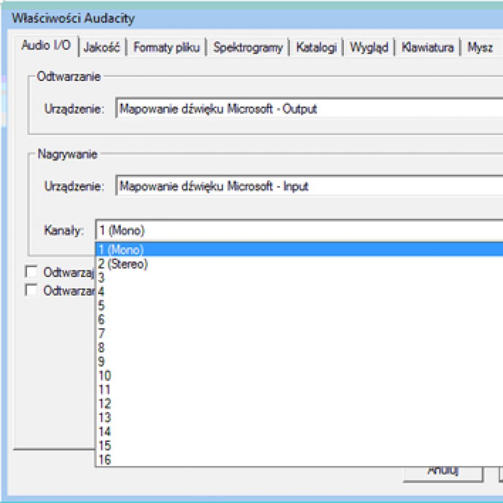 Ustawienie nagrywania dźwięku stereo w Audacity