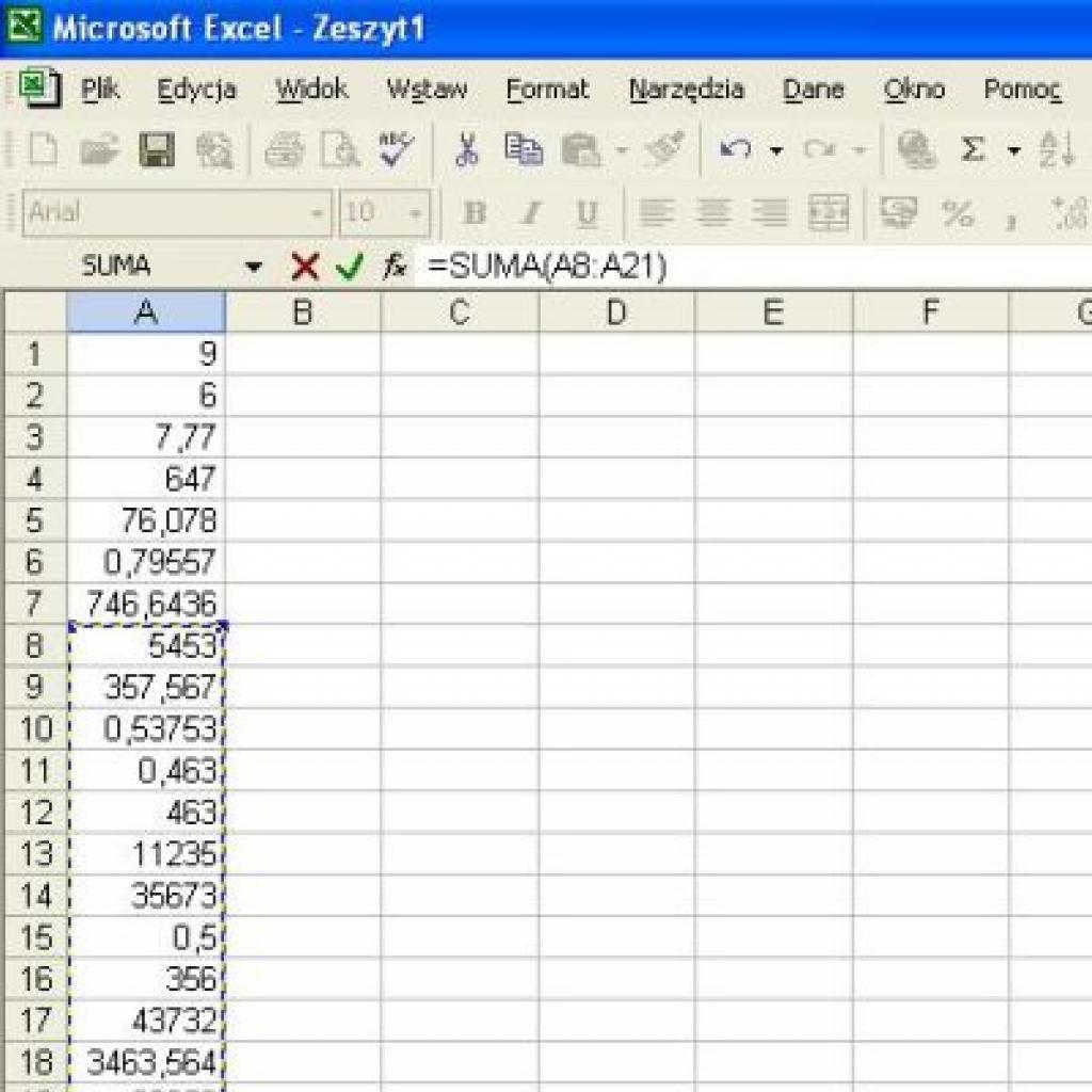 Funkcja Autosumowania komórek arkusza kalkulacyjnego